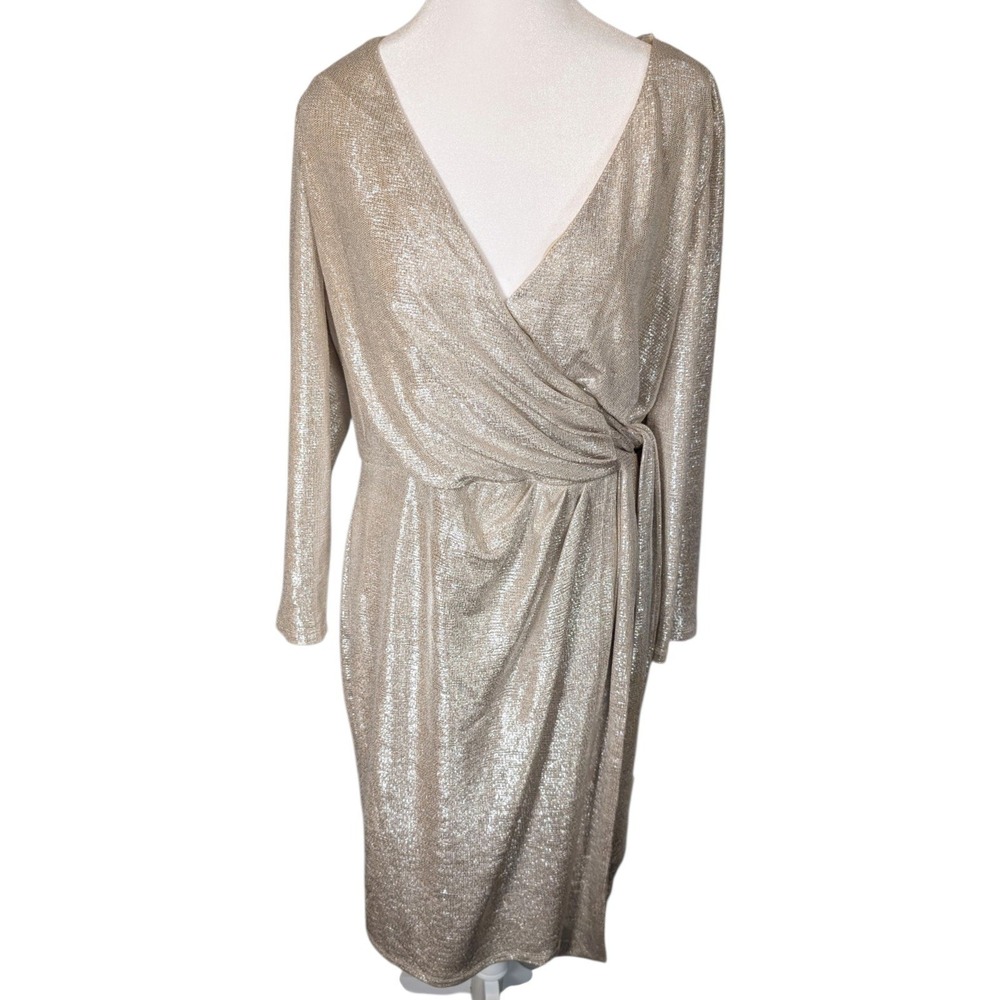 Lauren Ralph Lauren Metallic Gold Faux Wrap V-Neck Cocktail Dress 12 Long Sleeve